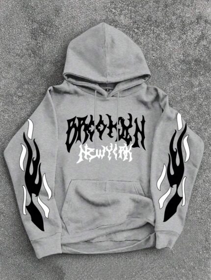 Custom Heavyweight Heather Grey Graphic Pullover Hoodie with Flame Sleeve Prints