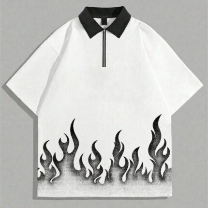 Custom White & Black Flame Graphic Quarter-Zip Polo Shirt