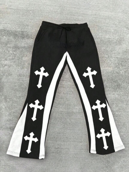 Custom Black & White Cross Patch Flare Track Pants
