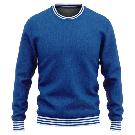 Custom Royal Blue Striped Trim Knit Crewneck Sweatshirt