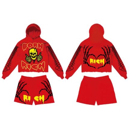 Custom Red Gothic Skeleton "BORN RICH" Cropped Hoodie & Shorts Set