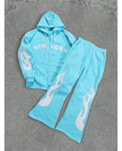 Custom Light Cyan "NEW YORK" Tribal Flame Zip Tracksuit Set